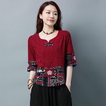 Chinese mother loose large code round collar half sleeve casual national wind cotton linen jacquard T-shirt blouses