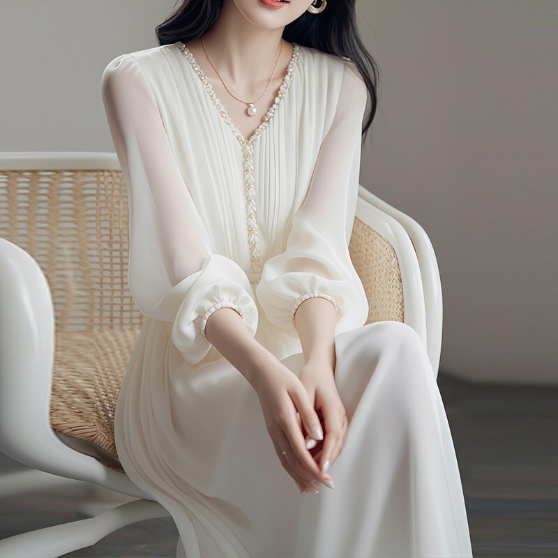Hangzhou Silk Long-Sleeved Dress Women's New Accessible Luxury High-End French Fashion Socialite Small Waist Long Skirt