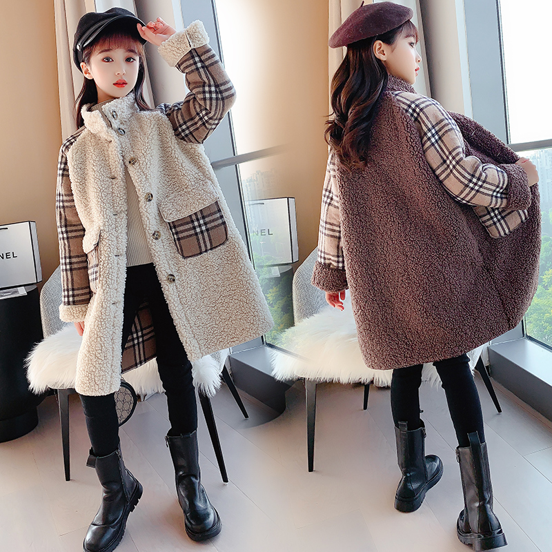 Girls lamb wool coat winter 2021 new Western style children's thickened medium-long coat girls fashion top