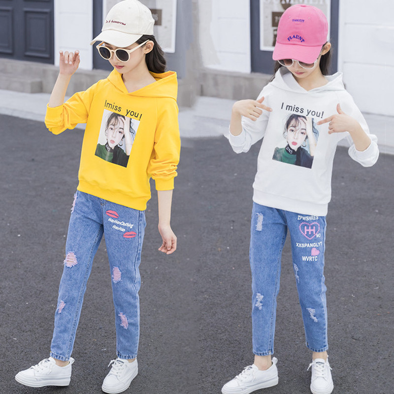 Girls thick T-shirt suit 2021 new autumn Western style fashion net red children's casual jeans two-piece set