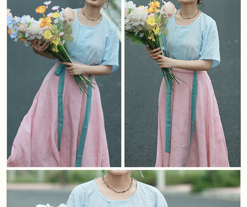 Китайцы одежда наборы 舒雅汉风|唐制圆领半袖衫唐褙子十破裙日常通勤汉服居家汉服蓝