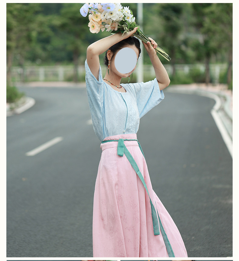 Китайцы одежда наборы 舒雅汉风|唐制圆领半袖衫唐褙子十破裙日常通勤汉服居家汉服蓝