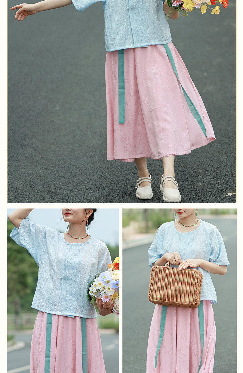 Китайцы одежда наборы 舒雅汉风|唐制圆领半袖衫唐褙子十破裙日常通勤汉服居家汉服蓝