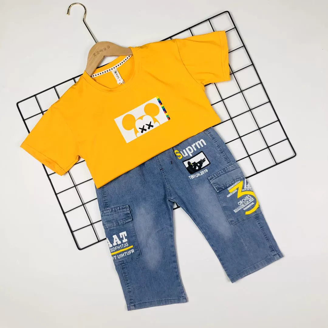 Baby Dangdang phát sóng trực tiếp độc quyền mùa hè áo phông ngắn tay quần denim hai mảnh NH2087 - Quần jean