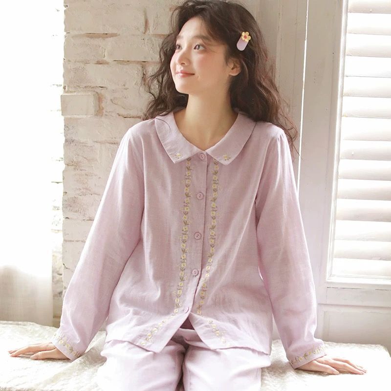 Sweet Style Lapel Embroidered Cardigan Pajamas for Women 2026 Spring and Summer New Style Long-Sleeved Home Wear Set That Can Be Worn Outside