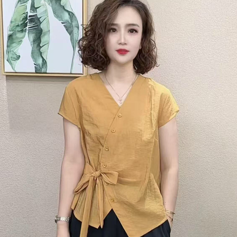 Fashionable Lace-Up Shirt for Women, Cotton and Linen Top That Covers Belly Fat, New Summer Style for Middle-Aged Mothers, Stylish Waist-Cinching T-Shirt Shirt