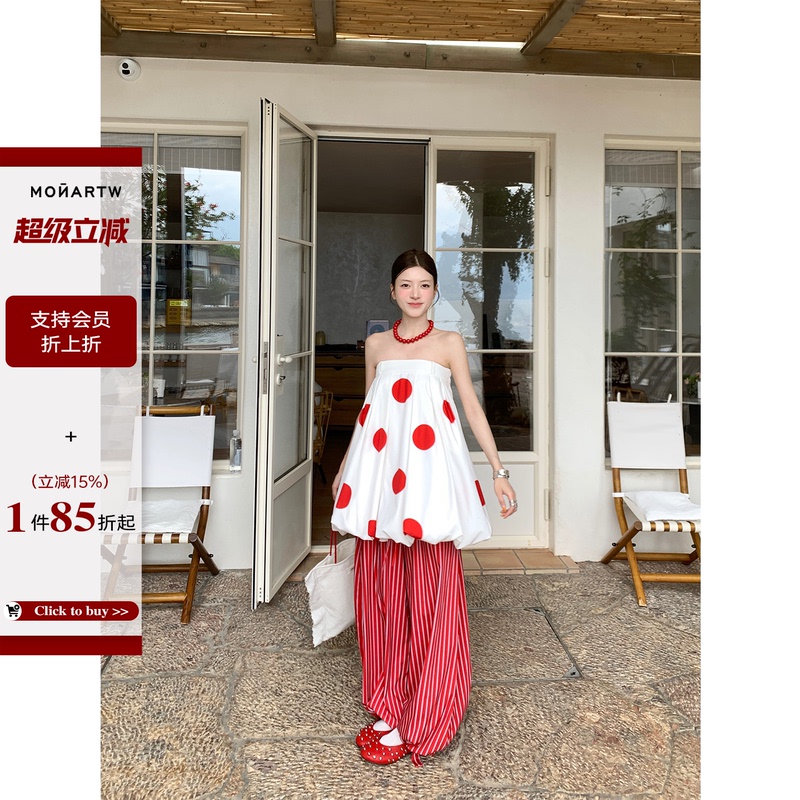 Monartw Large Polka Dot Fashionable Design Two-Way Strapless Dress Striped Wide-Leg Pants Set for Women Summer New Style Monartw Large Polka Dot Fashionable Design Two-Way Strapless Dress Striped Wide-Leg Pants Set for Women Summer New Style