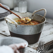 Day Style Coarse Pottery Porcelain Bowl Handmade Cutlery Noodle Bowl Home Large Capacity Soup Bowl Hemp Rope Double Ear Dish Bowl Large Bowl Salad Bowl