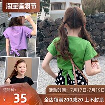 Girls short-sleeved T-shirt summer big children cotton bow short top Childrens super-western style solid color T-shirt tide