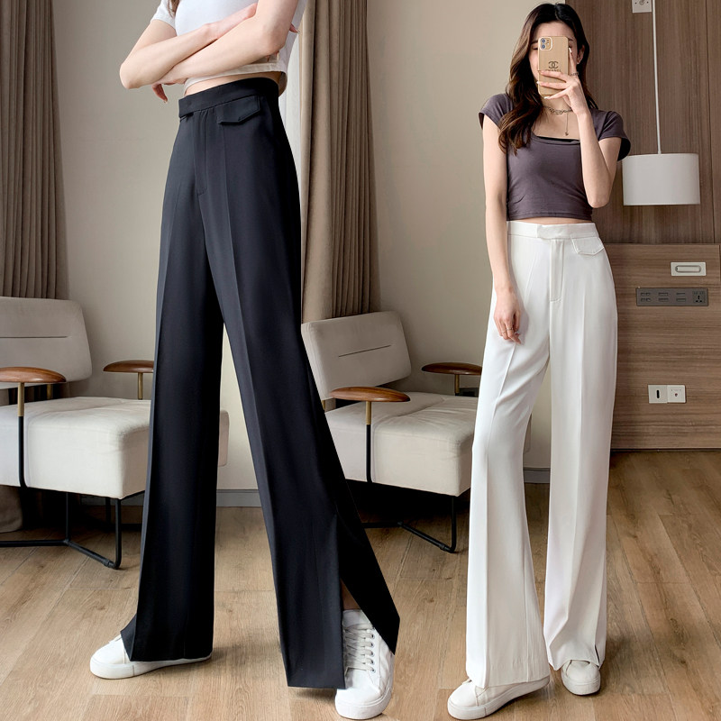 Relax and thin legs 2022 new temperament high - waist straight tube side open suit pants dragged trousers
