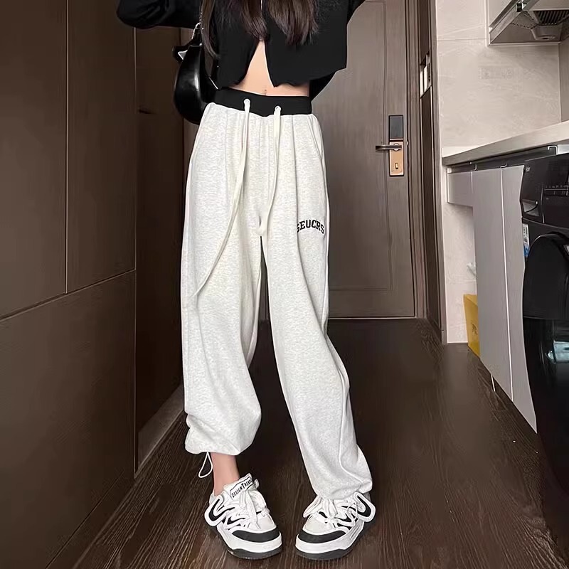 Plus Size White-Gray American-Style Sweatpants for Women, New Spring and Autumn High-Waisted, Drapey, Jogger-Style, Extended Length, Casual Straight-Leg Sweatpants