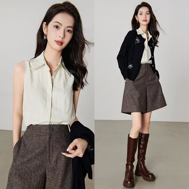 【Layering for All Seasons】New Autumn/Winter Versatile Striped Sleeveless Shirt Layered with Vest, Turn-Down Collar Shirt for a Slimming Effect