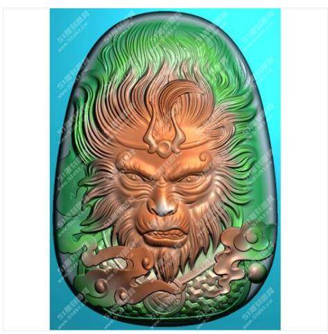 玉雕椭圆半身齐天大圣至尊宝孙悟空头像挂件精雕图浮雕图灰度图