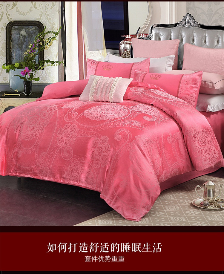 Cotton satin jacquard bốn mảnh Châu Âu cotton net tấm màu đỏ quilt cover 1.8 m gạo đôi bộ đồ giường cưới