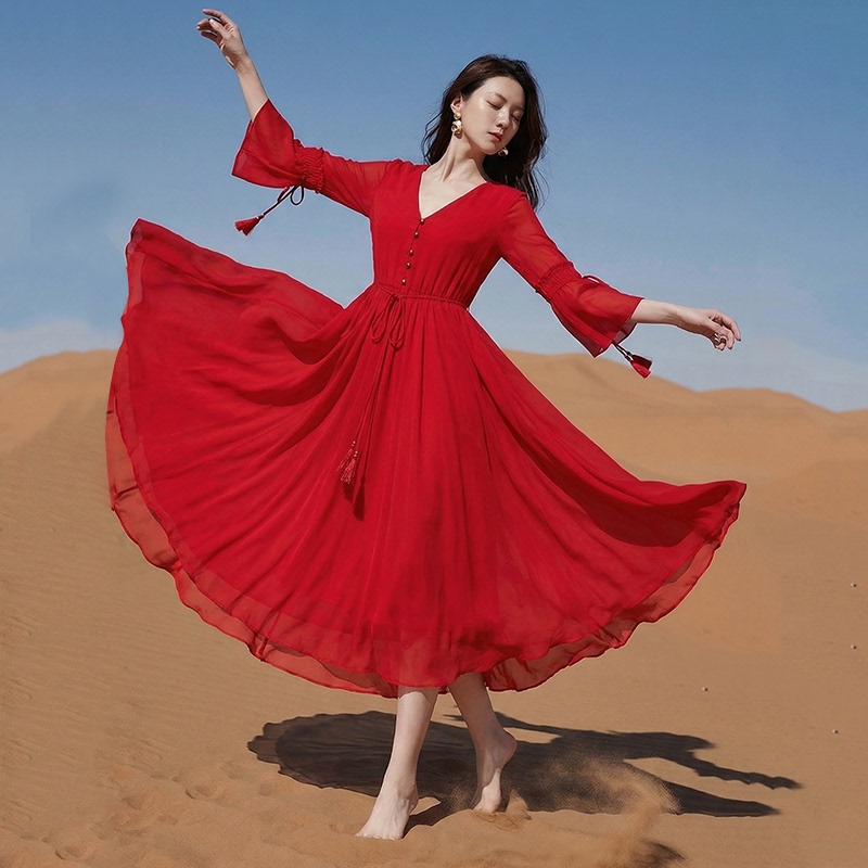 Teaca Salt Lake Big Red Dress Super Fairy Retro Long Dress Xinjiang Yunnan Travel Photography Desert Red Dress Summer