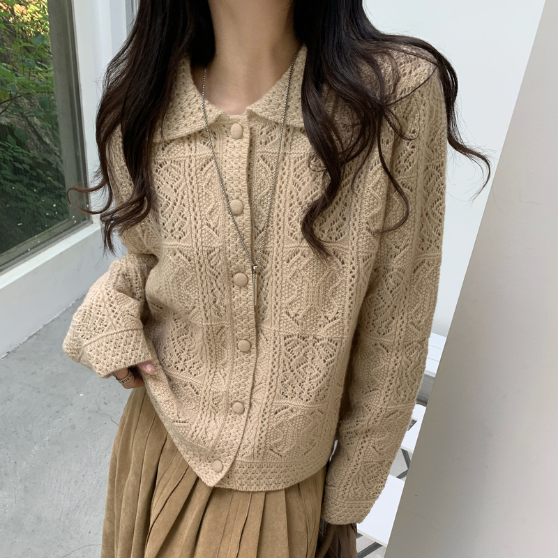 Autumn and Winter New Korean Style Small Lapel Hollow Knit Cardigan for Women, Made of Sheep Wool, Long-Sleeved, Versatile, Slimming Sweater