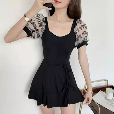 Swimsuit women's 2021 new belly cover-up slim one-piece skirt flat-angle conservative student sexy gathered hot spring swimming suit