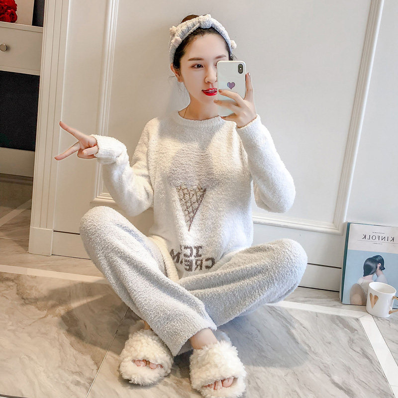 Japanese hair knitting pajamas female autumn and winter soft coral velvet thickness warm winter home clothing two piece suit