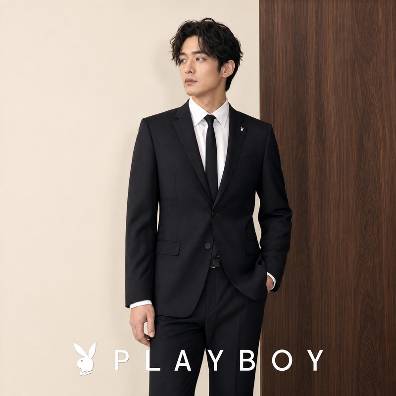 Playboy Men's Suit Set Slim Fit Black Professional Formal Wear Business Casual Groomsmen Groom Wedding Suit