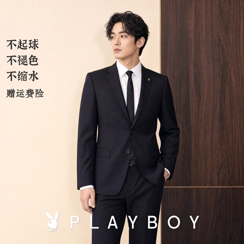 Playboy Men's Suit Set Slim Fit Black Professional Formal Wear Business Casual Groomsmen Groom Wedding Suit
