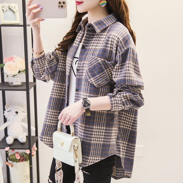 Woolen plaid shirt women long-sleeved Korean style loose 2021 spring, autumn and winter new college style outer wear thick coat