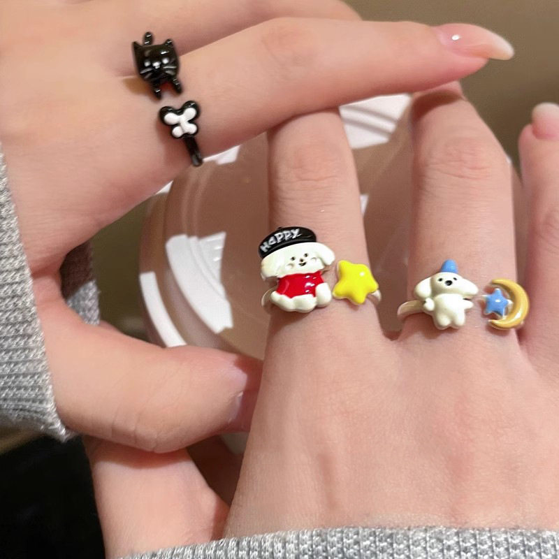 Childish cute puppy drop glaze ring for women with niche design sense open mouth adjustable index finger ring cartoon sweet ring