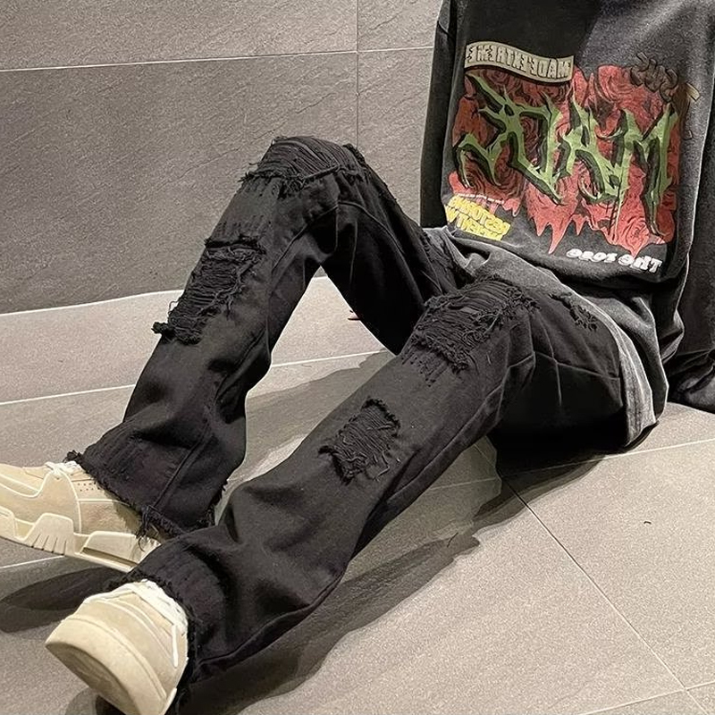 European and American High Street Vibe Pants, American Street Style Pure Black Jeans for Men, Summer Thin Fake Ripped Frayed Hem Long Pants