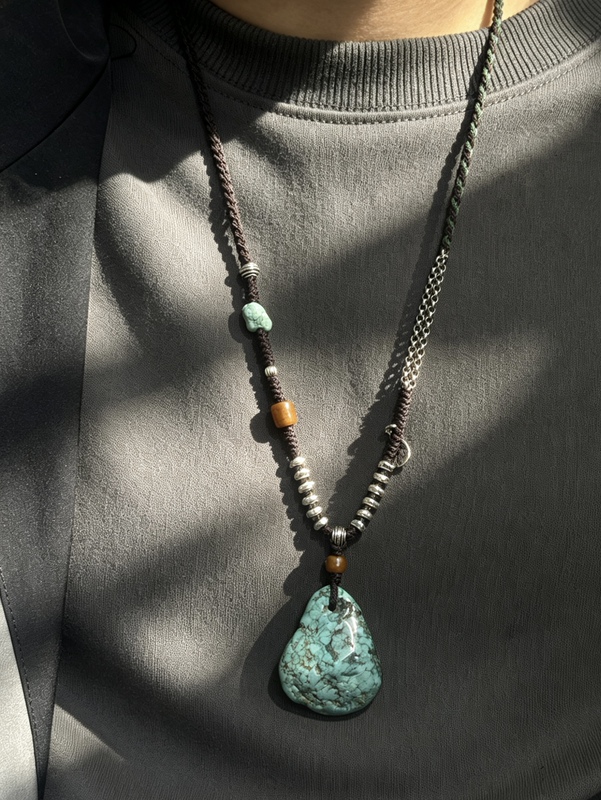 Original Design Natural Turquoise Freeform Pendant Necklace with Handmade Braided Cord, Old Beeswax, and Tibetan Silver Accessories for Men and Women