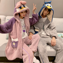 Japanese GP Winter Male Coral Suede Female Thicken home Couple Couple Couple with hat Sleeping Suit Pants Warm Suit