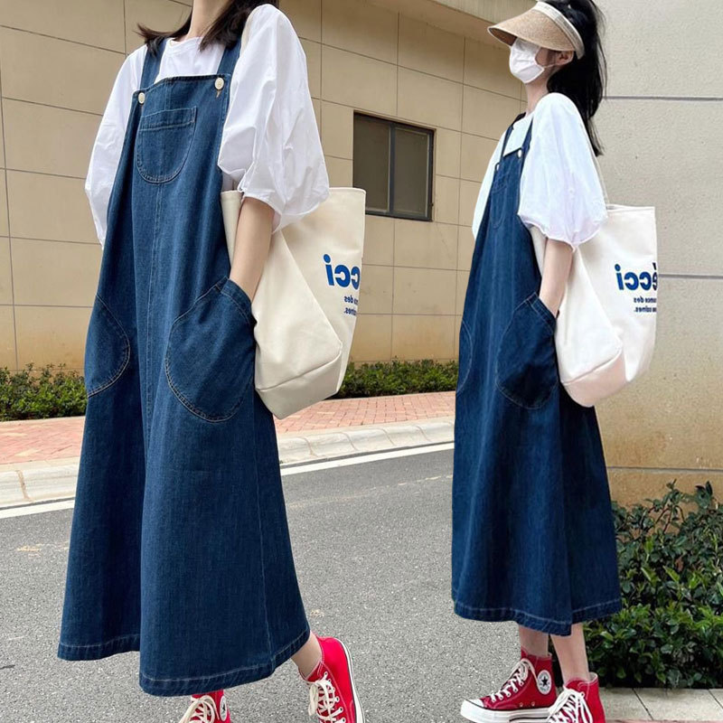 Spring and Summer Plus-Size Women's Clothing for Curvy Women, Slimming and Tummy-Concealing French-Style Denim Suspender Dress with Base Shirt and Camisole Dress Set