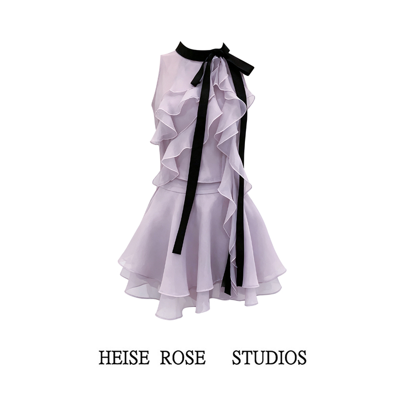 Ice Grape Glittering Satin Violet Contrast Ruffle Bow Sleeveless Top and Skirt Two-Piece Set