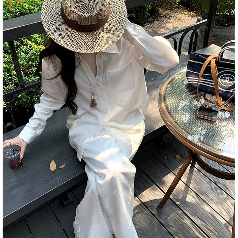 European Style Women's Summer Light Luxury White Linen Sun-Protective Shirt and Wide-Leg Pants Set, High-End Relaxed Outfit Two-Piece European Style Women's Summer Light Luxury White Linen Sun-Protective Shirt and Wide-Leg Pants Set, High-End Relaxed Outfit Two-Piece