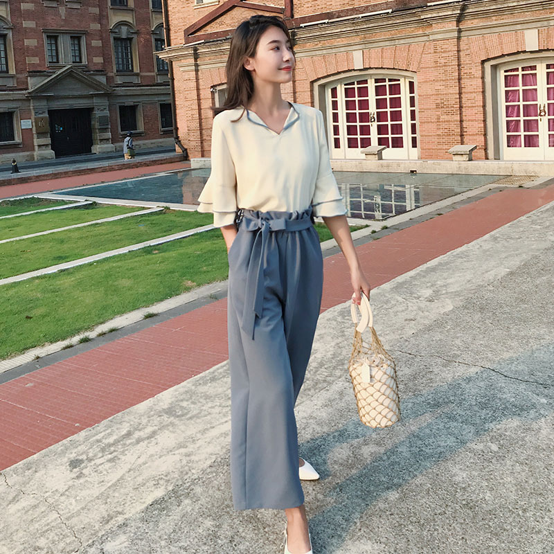 Counter 2022 summer Hong Kong flavor casual fresh Mori girl retro fashion casual chiffon wide-leg pants two-piece suit