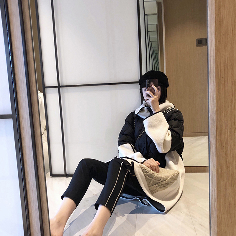 Hong Kong Special Cabinet 2021 Autumn Winter New down jacket with long version of lamb suede splice loose Conspiculy Slim Small Jacket