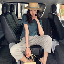 South Korea counter 2021 summer short sleeve wide leg pants two-piece loose slim holiday leisure small man set women