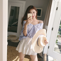 Hong Kong counter 2021 Summer Seaside Set Beach Vacation V Collar Machine Short Skirt Pants Two Piece Set