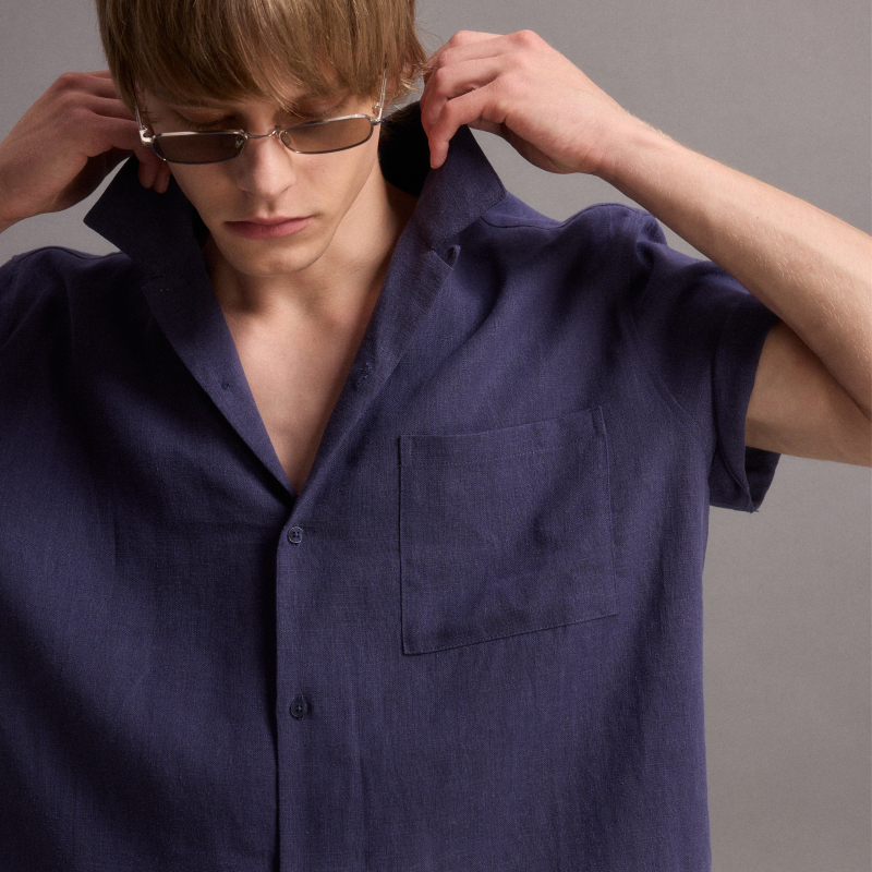 Flame Official Ramie Linen Navy Blue Short Sleeve Resort Style Shirt Flame Official Ramie Linen Navy Blue Short Sleeve Resort Style Shirt