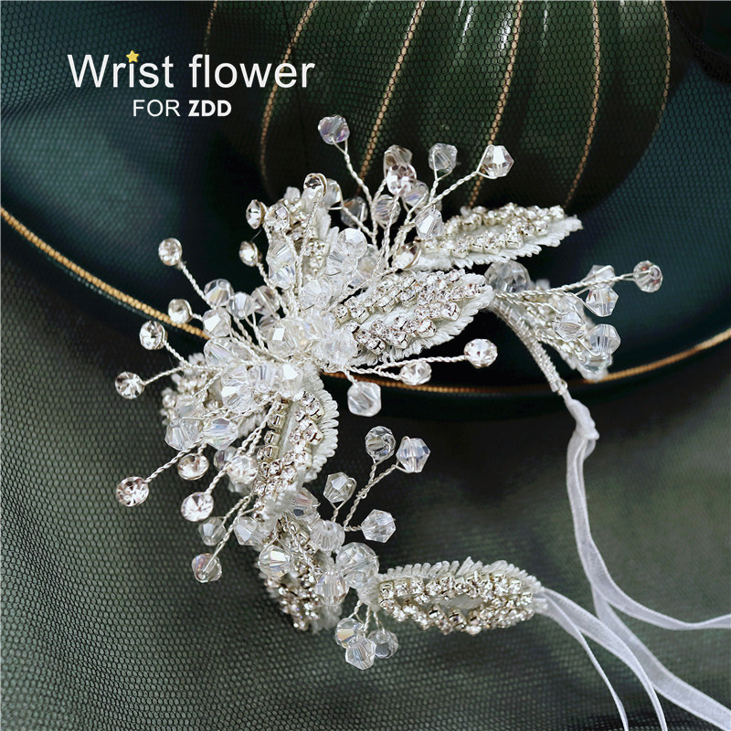 Luxury lace beaded rhinestones bride wrist flower bridesmaid hand flower children's model hand tie flower performance activity bracelet