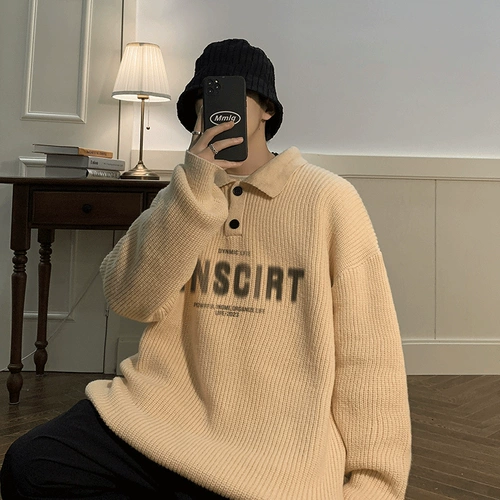 Японский ретро демисезонный свитер, лонгслив, воротник поло, оверсайз