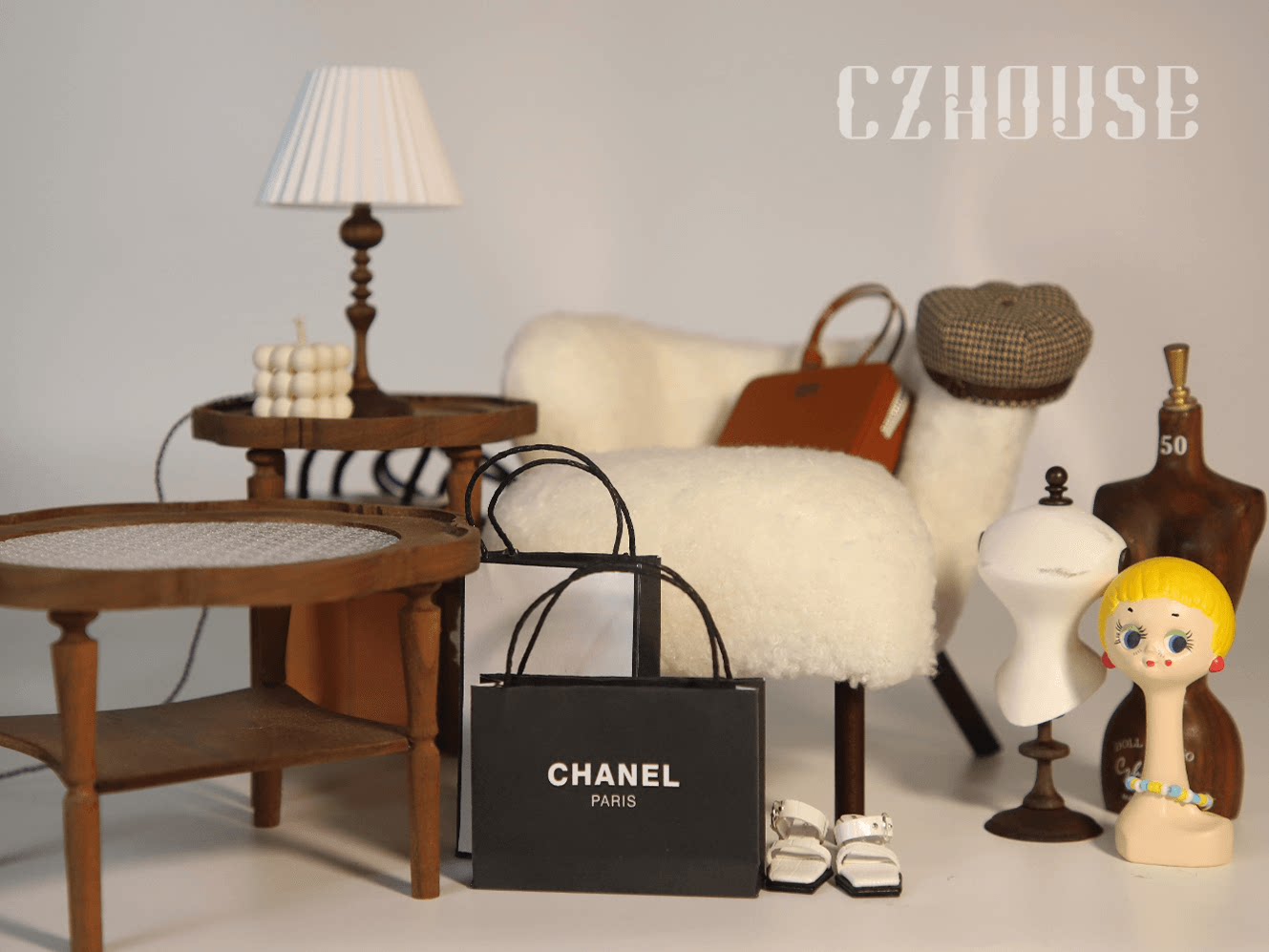 bjd场景道具娃屋 【现货】微缩黑胡桃木复古褶皱台灯（电线可拆卸）陈郎lanczhouse