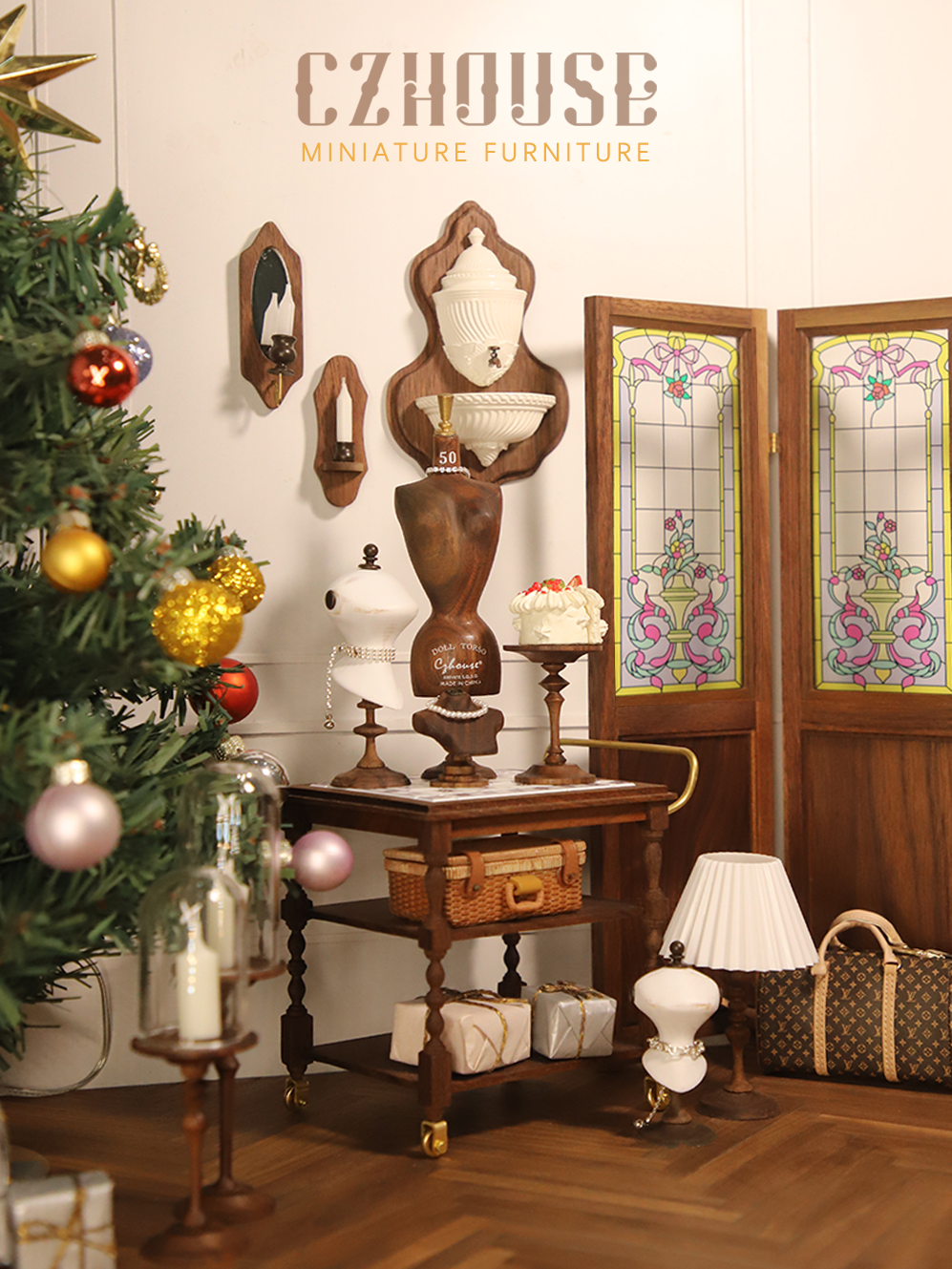 bjd场景道具娃屋 【现货】微缩黑胡桃木复古褶皱台灯（电线可拆卸）陈郎lanczhouse