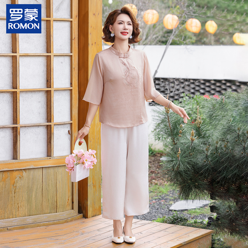 Romon Young Mom's Summer Outfit, Chinese Style Breathable Set, Embroidered Blouse for Women over 50, Fashionable Two-Piece Set for Middle-Aged and Elderly Women