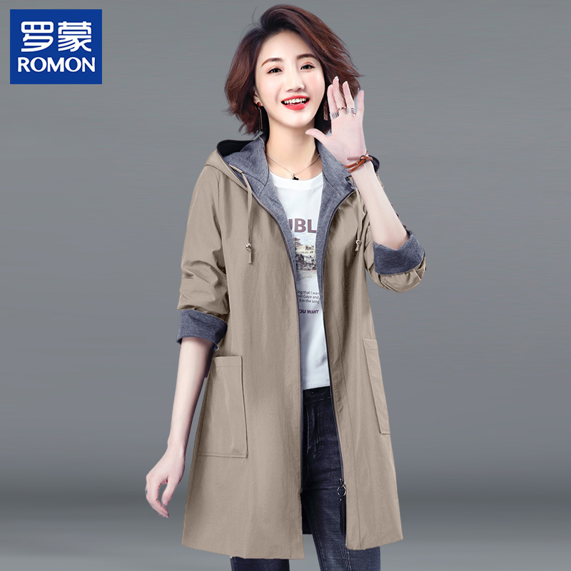 Romon Fashionable Autumn Coat for Mothers, Loose Fit, New Style, Mid-Length Trench Coat with Hood for Middle-Aged and Elderly Women