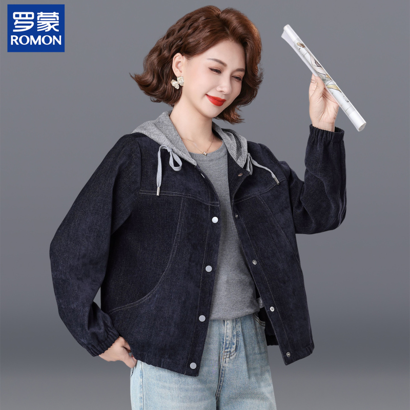 Romon Mom's Autumn Denim Jacket 2026 New Style Middle-Aged Solid Color Hooded Top Middle-Aged and Elderly Women's Short Cardigan Romon Mom's Autumn Denim Jacket 2026 New Style Middle-Aged Solid Color Hooded Top Middle-Aged and Elderly Women's Short Cardigan