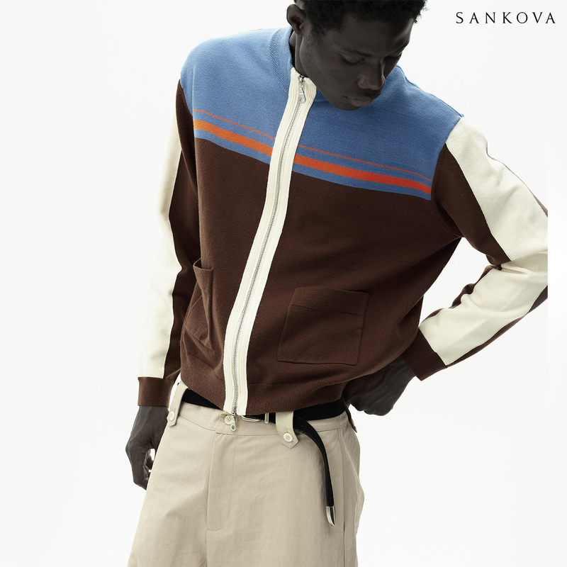 Sankova Retro Color-Blocked Striped Wool Knitted Zipper Jacket Unisex Stand-Up Collar Drop Shoulder Sweater Coat Sankova Retro Color-Blocked Striped Wool Knitted Zipper Jacket Unisex Stand-Up Collar Drop Shoulder Sweater Coat