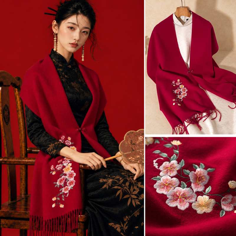 High-Quality Red Pure Wool Scarf with Button Fastening, Perfect for Mothers to Wear with a Qipao, as a Shawl, or as an Extra Layer for Warmth and Neck Protection