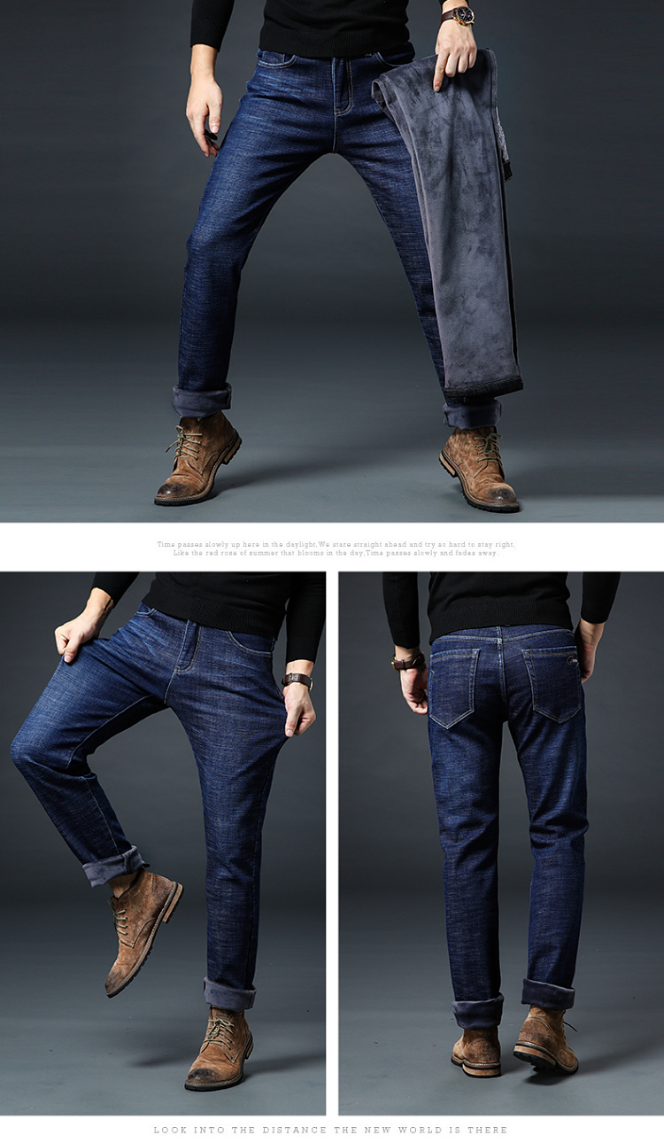 Mùa đông cao co giãn cộng với quần jean nhung nam dày cộng với phân bón XL thẳng chất béo trung niên với cashmere để giữ ấm áo nam