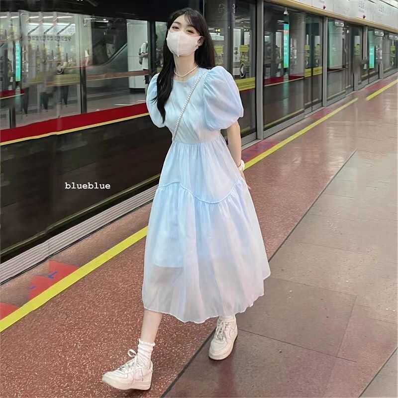 French Gentle Style 2024 Blue Dress Summer High-End Waist-Cinching Slimming Puff Sleeve Super Fairy Dress
