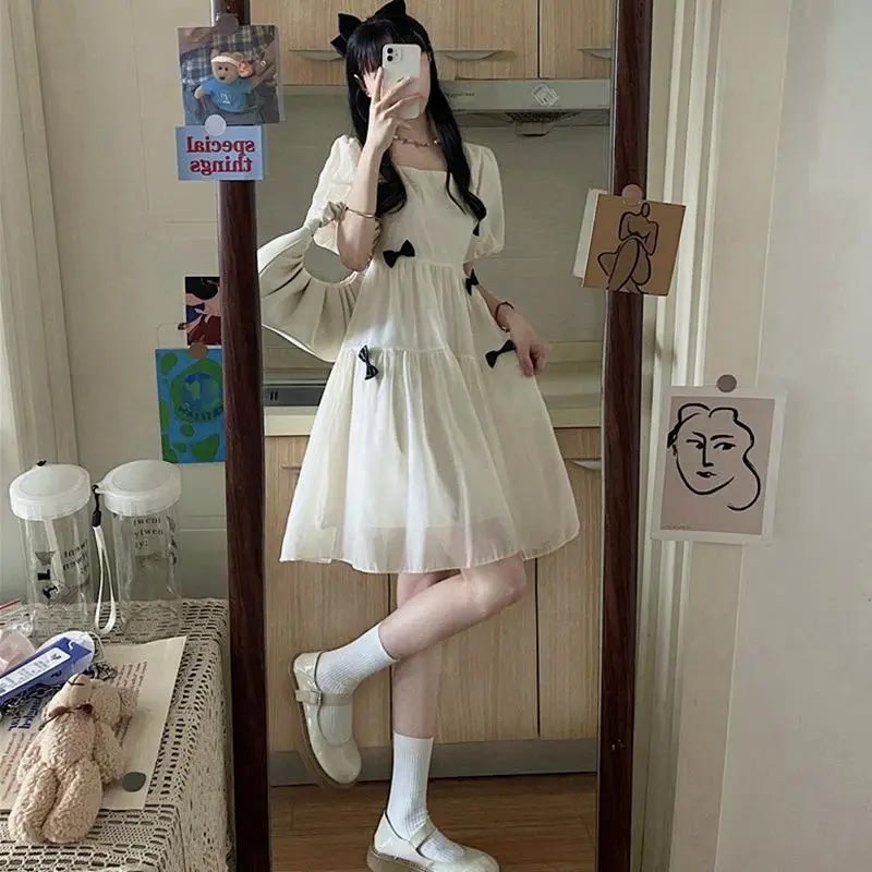 First Love Dress, Girly and Gentle Style, Square Neck, 2023 White Dress, Women's Summer Student Tea Break French Platycodon Dress