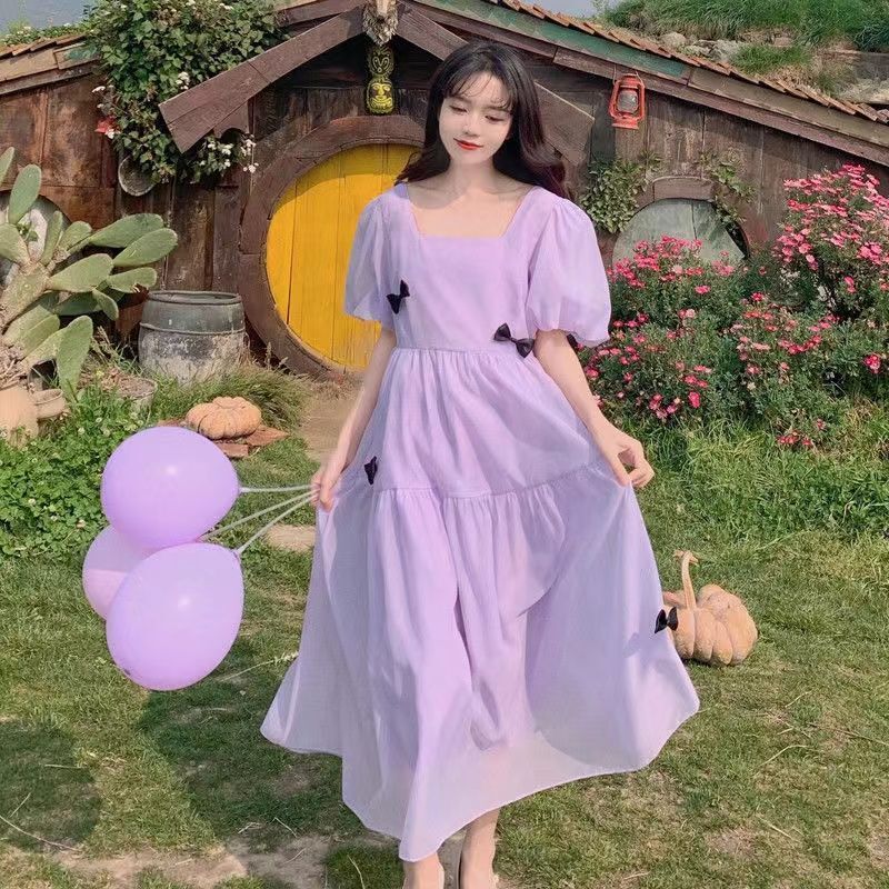 Purple Puff Sleeve Dress 2024 Summer New French Gentle Style Versailles Fairy Dress Super Fairy-Like Style